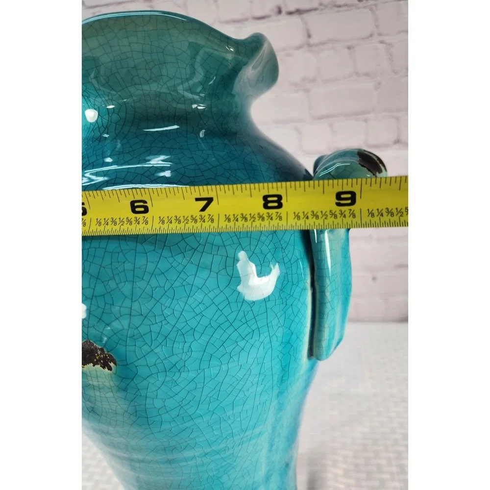 Vtg Large Pottery Vase handles‎ Rustic Glazed Crackled Turquoise
